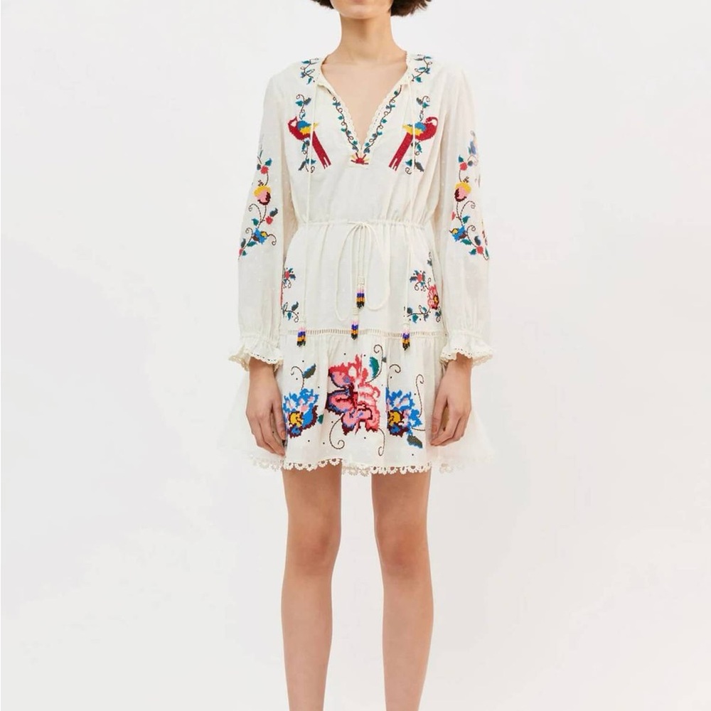 Farm Rio - Macaw Cross Stitch Embroidered Mini Dress-Off White Size S
